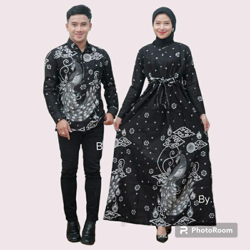 Baju Batik Couple Seragam Sarimbit Kemeja Lengan Panjang & Gamis Dress Panjang Katun Motif Burung Me