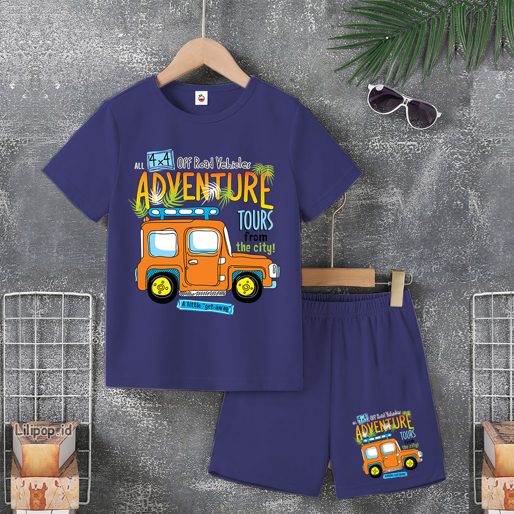 Baju Anak Stelan Usia 4-10 Tahun adventure Kaos 3/4 Cowok Cewek  Celana Pendek Harian