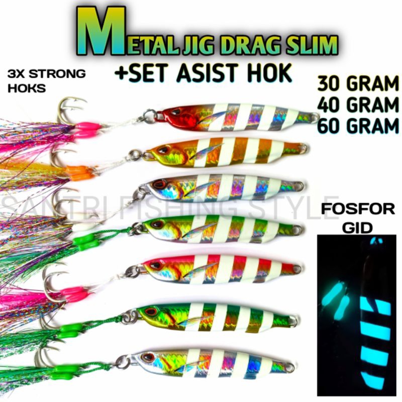 Metal jig set 30g/40g/60gram plus Asist hok tahan karat hok drag slim metal jig 30gram metal jig 40gram metal jig 60gram satu set asist double hok