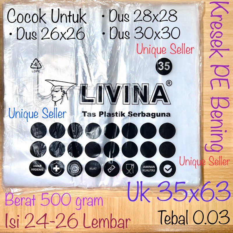 Kresek Bening PE Uk 30 35 LIVINA / Kantong Plastik Bening Transparan PE 30 35 merk Livina / Kantong Kresek Bening 30x57 35x63