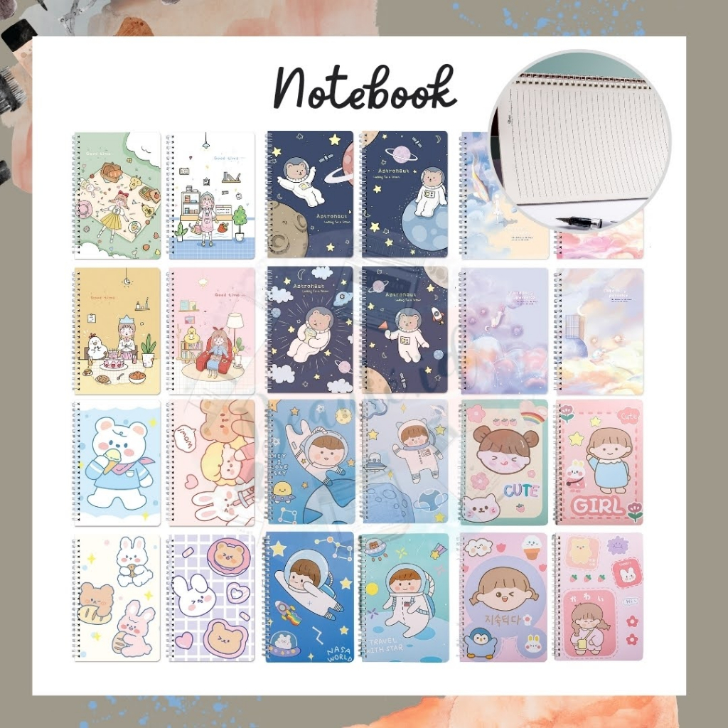 BTS Buku Tulis Garis Spiral Lucu Kertas A5 Untuk Anak Sekolah Les Buku Catatan Bergaris Pelajaran Desain Cover Waterproof Beruang Astronaut Cute Girl Buah Strawberry Notebook Ring Buku Tulis Pelajar