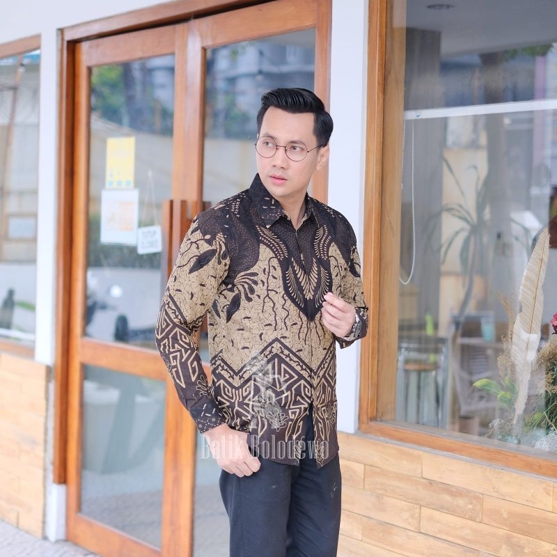 BATIK BOLO DEWO Motif Rengka Gunung Kemeja Baju Batik Pria Lengan panjang Lapis furing Hem Atasan