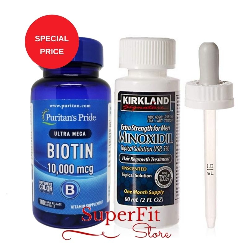 Paket Minoxidil 60 ml & Puritan's Pride Biotin 10,000 mcg 100 Pipet Original