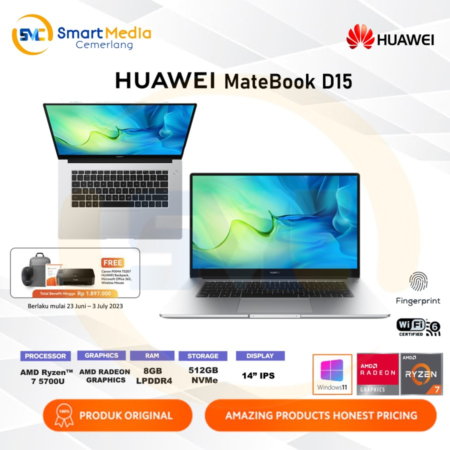 HUAWEI MATEBOOK D15 - RYZEN 7-5700U - 8GB - 512GB SSD - RADEON - 15"FHD - W11