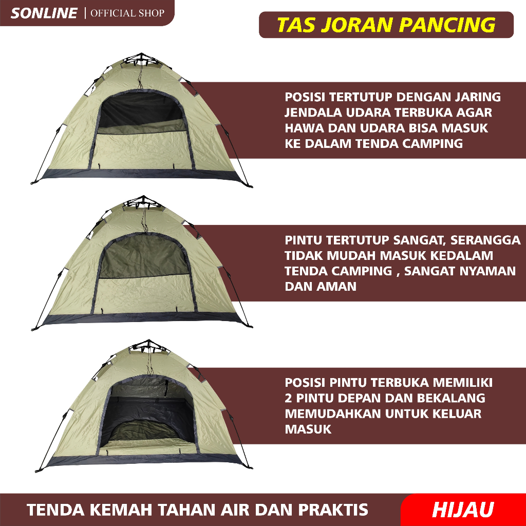 SONLINE - Tenda Camping Kapasitas 1-2 Orang Tenda Otomatis Outdoor &amp; Indoor Tenda Gunung Tenda Mancing Outdoor