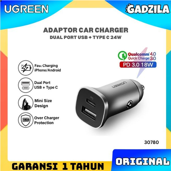 UGREEN Adaptor Car Fast Charging Pd 18W Charger Saver Mobil QC 4.0 3.0 Dual Port USB + Type C 30780