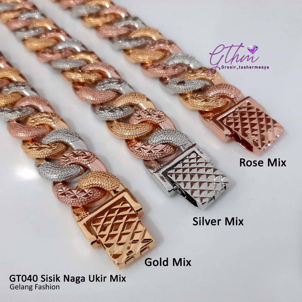 Gelang Tangan Sisik Naga Ukir Kombinasi Gold-Silver Perhiasan Fashion Import Kualitas Premium GT040