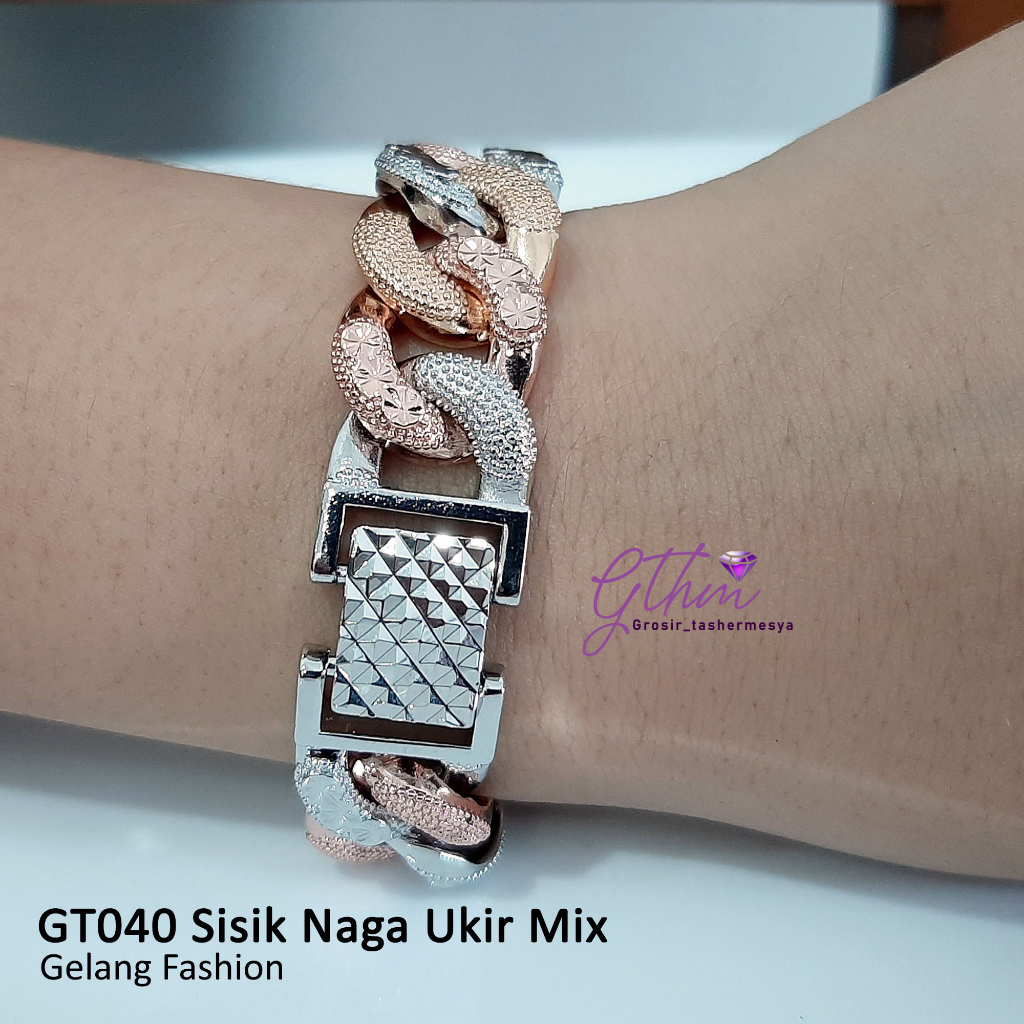 Gelang Tangan Sisik Naga Ukir Kombinasi Gold-Silver Perhiasan Fashion Import Kualitas Premium GT040