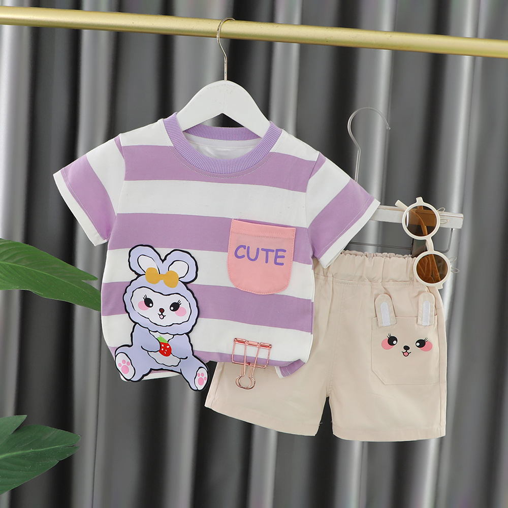 [Promo 7.7] Setelan Anak Perempuan MARELLA Baju Set 2in1 Kaos Garis dan Celana Pendek Import