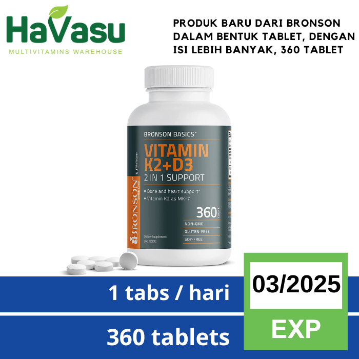 Bronson Basics Vitamin K2 D3 360 Tablet 5000IU 90 mcg - Bone Heart Immunity Supply 1 Tahun