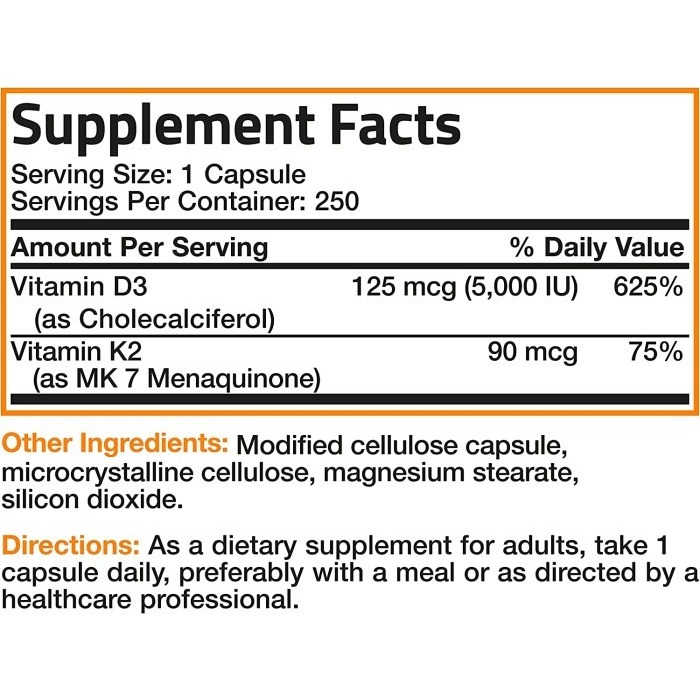 Bronson Vitamin D3 5,000IU K2 90 Mcg for Heart Bones Immunity 250 Caps