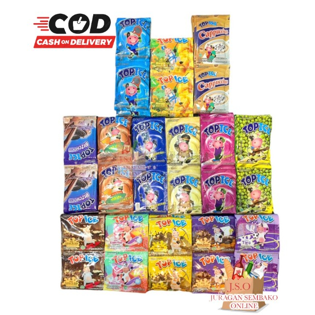 (JSO) Top Ice Teh Sisri Renceng Isi 10 All Varian Rasa Bukan Pop Ice Coklat Strawberry Vanila Blueberry Permen karet Vanila Blue Melati Mangga Gula Tebu Cincau