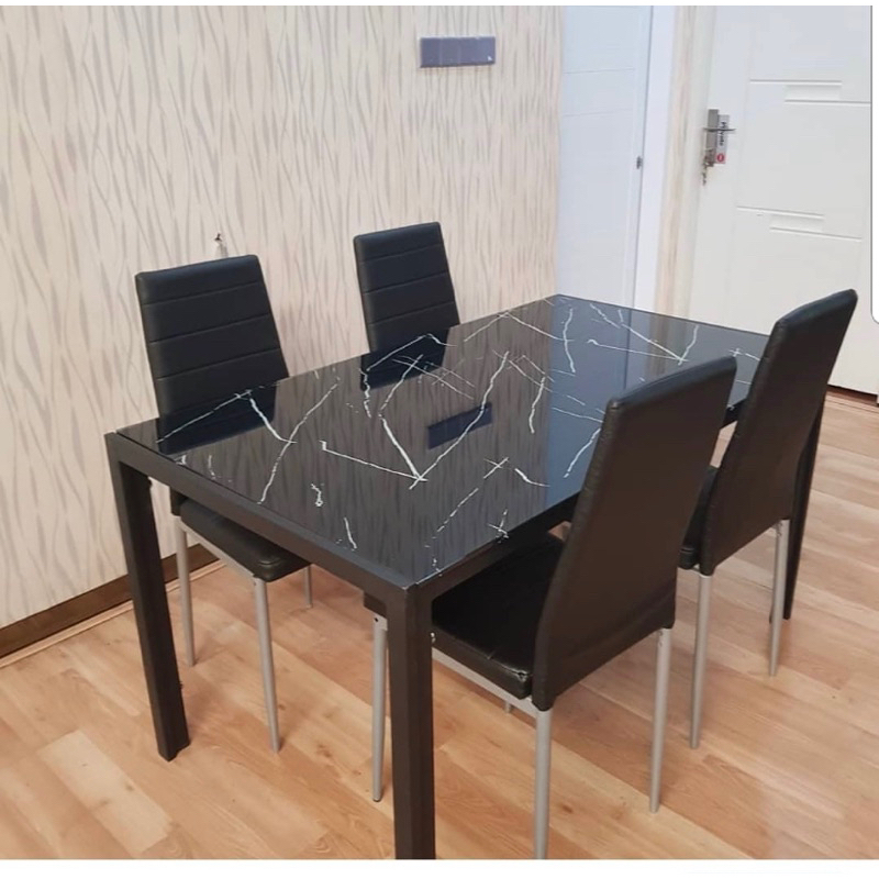 MEJA MAKAN MEJA KAKI BESI MEJA  MAKAN KACA MOTIF MARMER MEJA MINIMALIS IMPORT