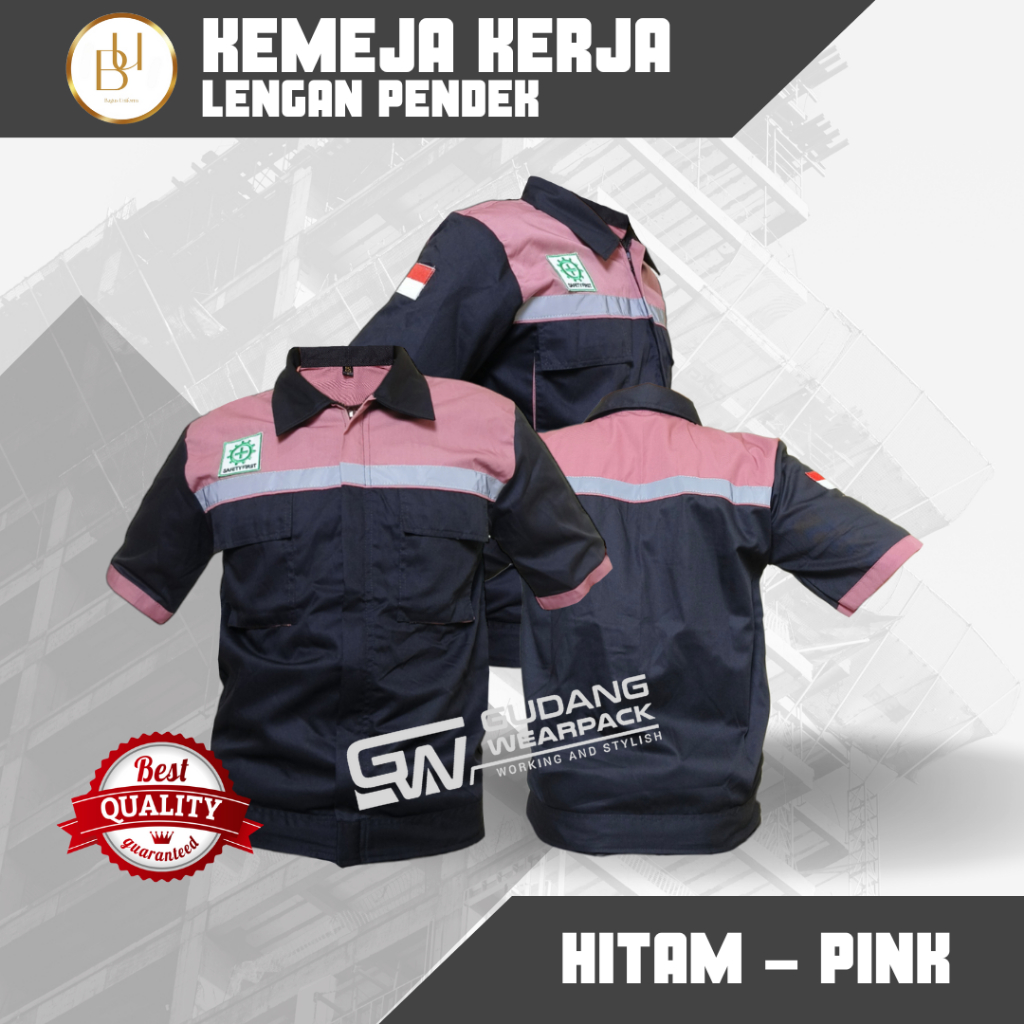 Bagus Uniform - Pakaian Kerja Seragam Proyek Lengan Pendek Warna Hitam - Pink