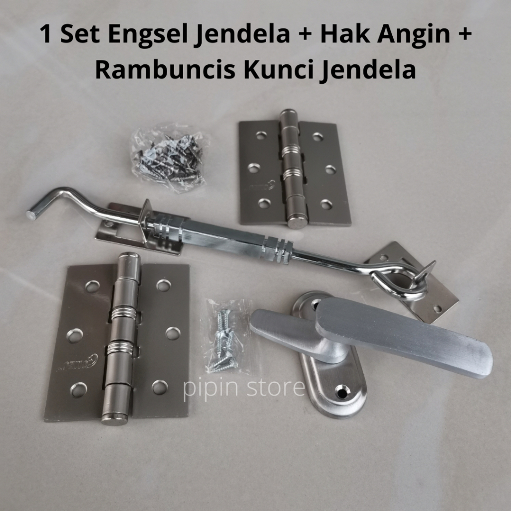 Paket Engsel Jendela Kayu 3 Inch 1 Set - Hak Angin Cantolan Penahan Jendela Stainless - Rambuncis Kunci Jendela Kayu Grendel Panolet Besar Lengkap