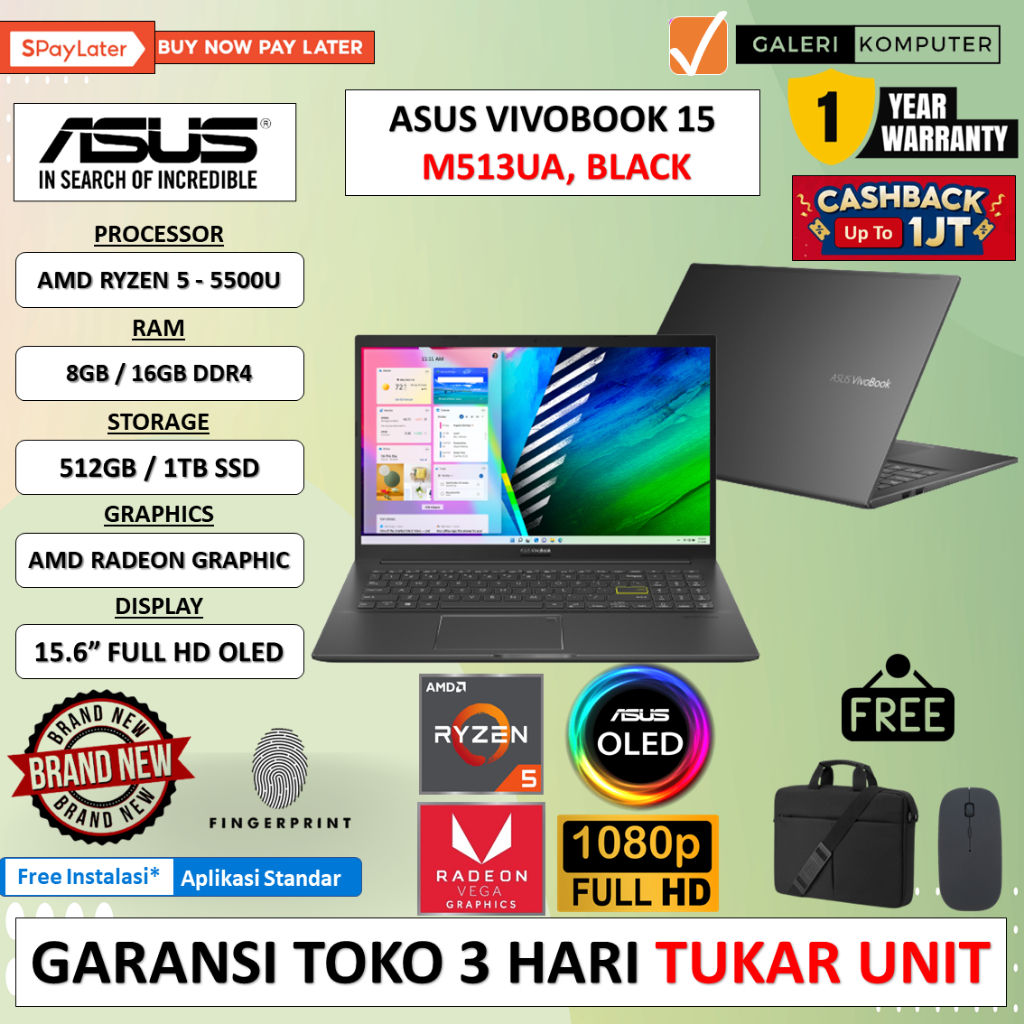 LAPTOP DESIGN ASUS VIVOBOOK M513UA AMD RYZEN 5 5500U 16GB 1TB SSD 15.6 FHD WINDOWS 11 HOME ORIGINAL