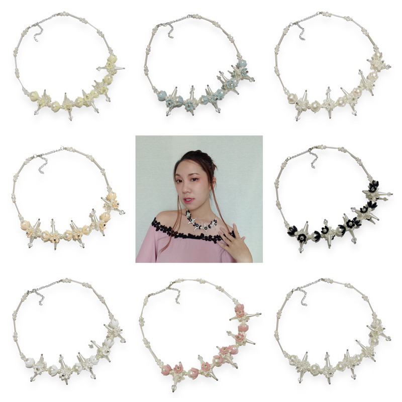Erica Flowery Crystal Pearl Necklace Kalung Bunga Panjang Hijab Mutiara Kristal