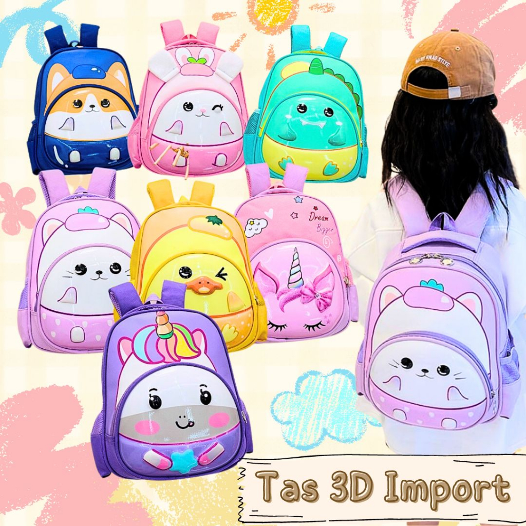 Mikusoo Tas Ransel Sekolah Anak PG TK PAUD Motif Karakter Hewan Timbul 3D Premium Lucu Keren Import