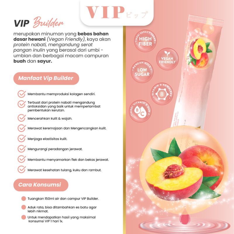 VIP Builder Collagen Peach Plant based minuman kolagen kecantikan kulit pink vegan vegetarian box travel 5 15 sachet