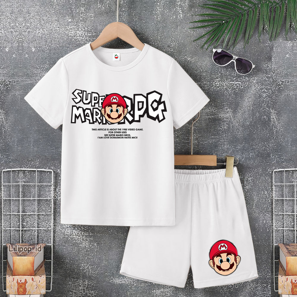 Baju Anak Stelan Usia 5-10 Tahun MARIO BROS Kaos 3/4 Cowok Cewek  Celana Pendek Harian