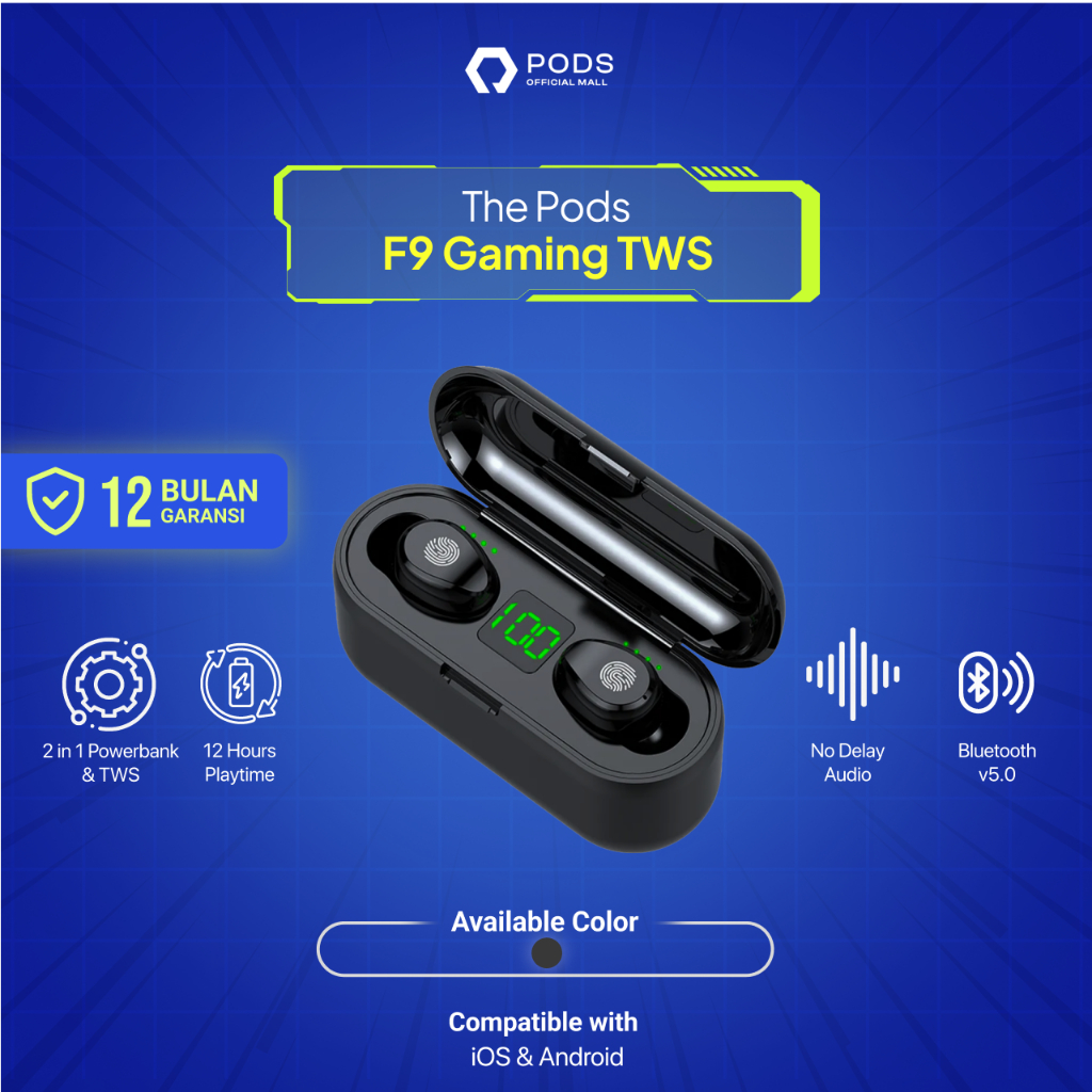 The Pods F9-8 Powerbank and TWS Wireless Gaming Headset 2 in 1 Bluetooth Original Full Bass Hifi Stereo for IOS &amp; Android by Pods Indonesia