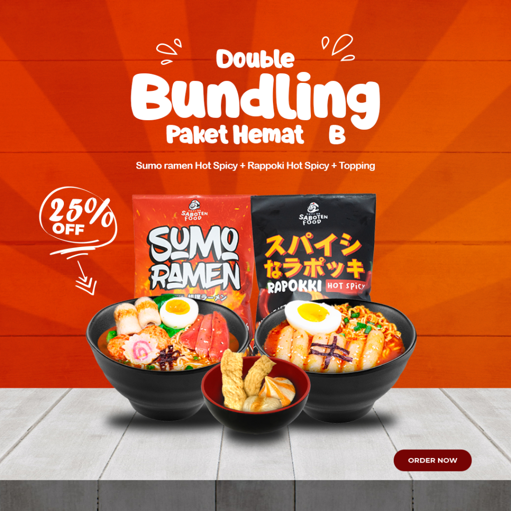 

Sabotenfood - Double Bundling B - Sumo Ramen Spicy dan Rapokki + XTRA Topping