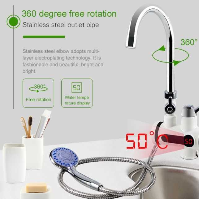 Keran Pemanas Air dengan Hand Shower Electric Hot Cold Faucet Efisien Kran Ubah Air Panas Dingin LCD Tampilkan Suhu