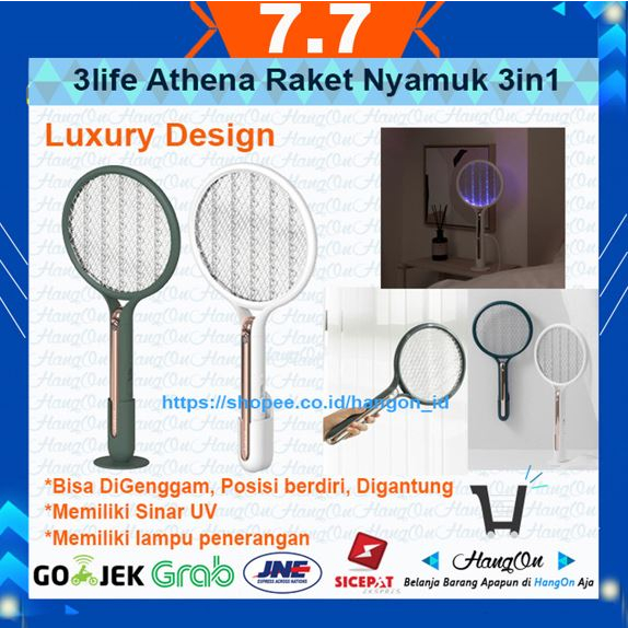 3life Athena Raket Nyamuk Electric Mosquito Swatter 3in1 xiaomi Alat Pembasmi Nyamuk Sinar UV Mode Standby Digantung