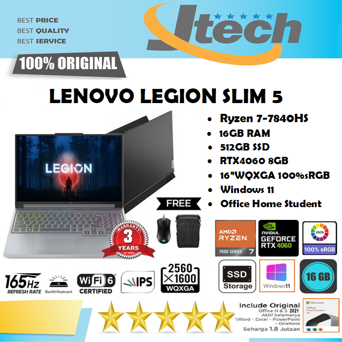 Lenovo Legion Slim 5 - Ryzen 7-7840HS - RTX4060 - 512GB - 16GB - 16&quot;WQXGA IPS 100%sRGB - W11 - OHS