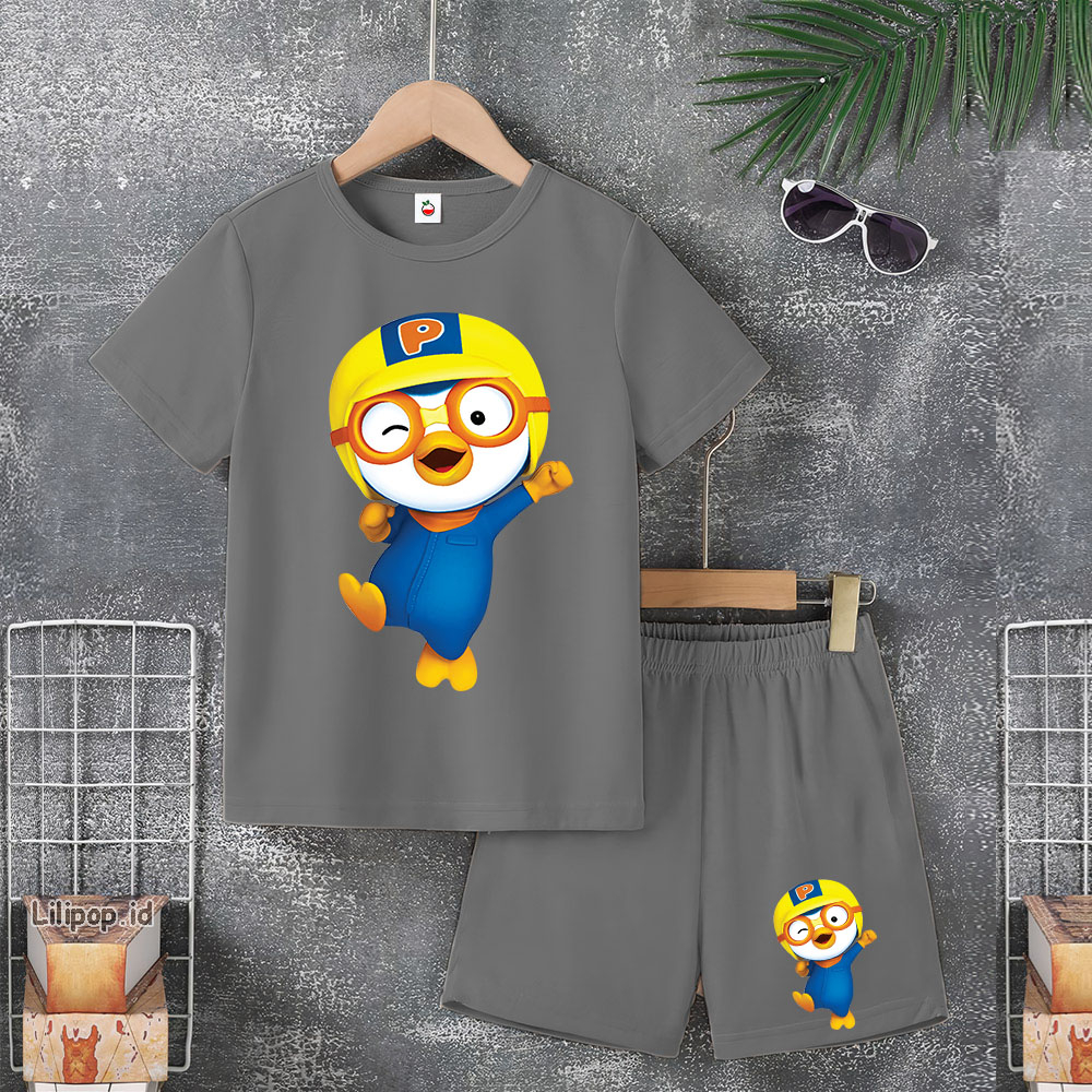 Baju Anak Stelan Usia 5-10 Tahun pororo petty Kaos 3/4 Cowok Cewek  Celana Pendek Harian