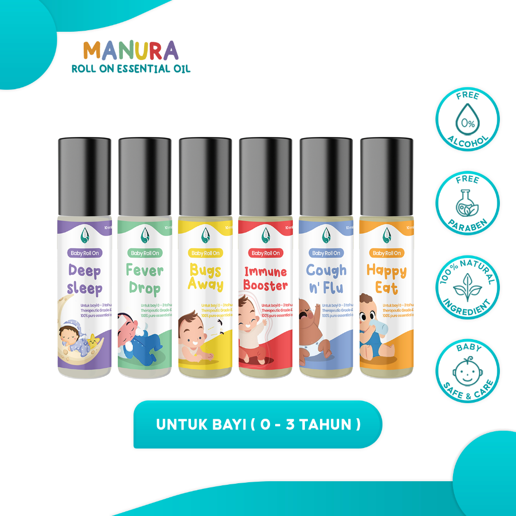 BABY ESSENTIAL OIL (0-3 Tahun) BY MANURA - Minyak Bayi Batuk Pilek, Immune Booster, Cough Flu, Bugs Away, Deep Sleep, Happy Eat, Fever Drop