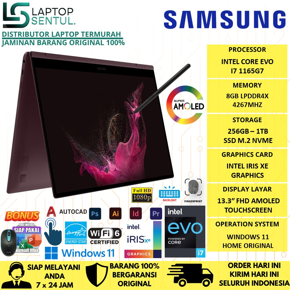 Laptop Murah Samsung Galaxy Book 2 PRO 360 2in1 Intel EVO 7 1165G7 RAM 8GB SSD 1TB FHD 13.3 Touch Windows 11 Home Original