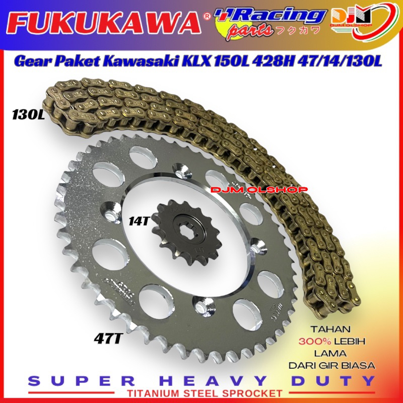 Gir Set Gear Paket Racing KLX 150L 428H 47T 14T 130L Plus Rantai Gold Fukukawa