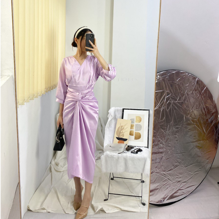 NAURA One Set Rok Lilit Satin + Kimono Blouse / Set Satin Wrap Skirt Kondangan