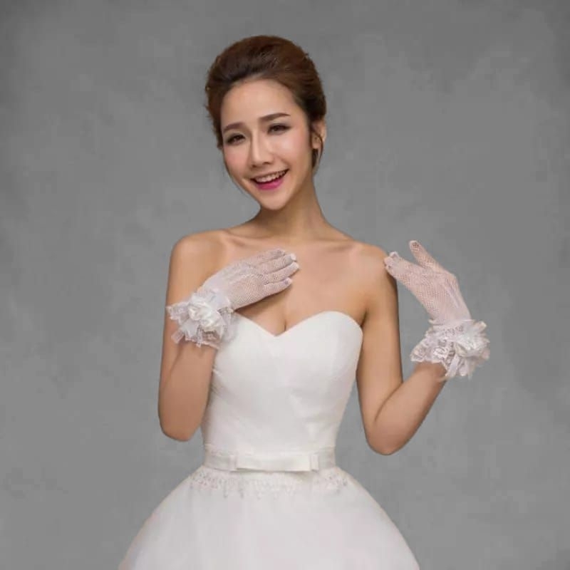Sepasang Sarung Tangan Pengantin Bridesmaid Jaring Aplikasi Bunga
