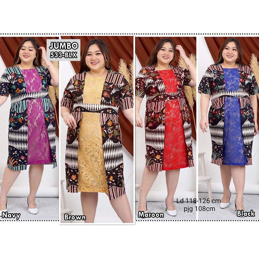 BIGCLO - (COD) LD 110-120cm Dress Pesta Jumbo Batik Katun Bigsize Kombinasi Brokat Mewah vol55d