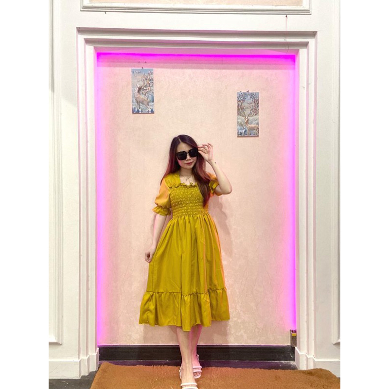 RD FASHION - SMOCKED DRESS / Gaun musim panas kasual baru Lengan pendek smocked dress lipit bunga dengan dasi belakang / gaun kasual A-line gaun smocked berlipat bunga lengan pendek-POLOS LEMON