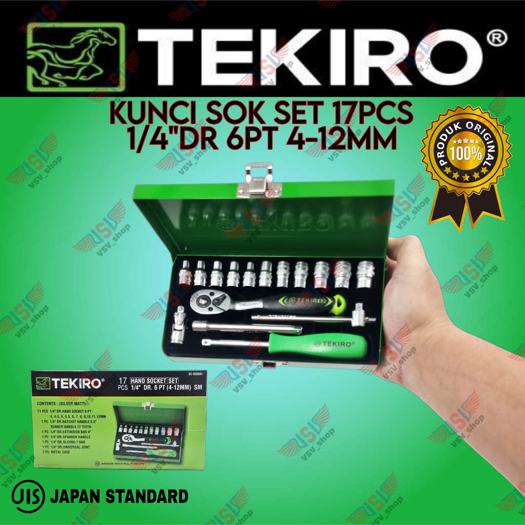 Tekiro hand socket set 17 pcs 6 pt 1/4&quot; 4-12mm kunci sok set