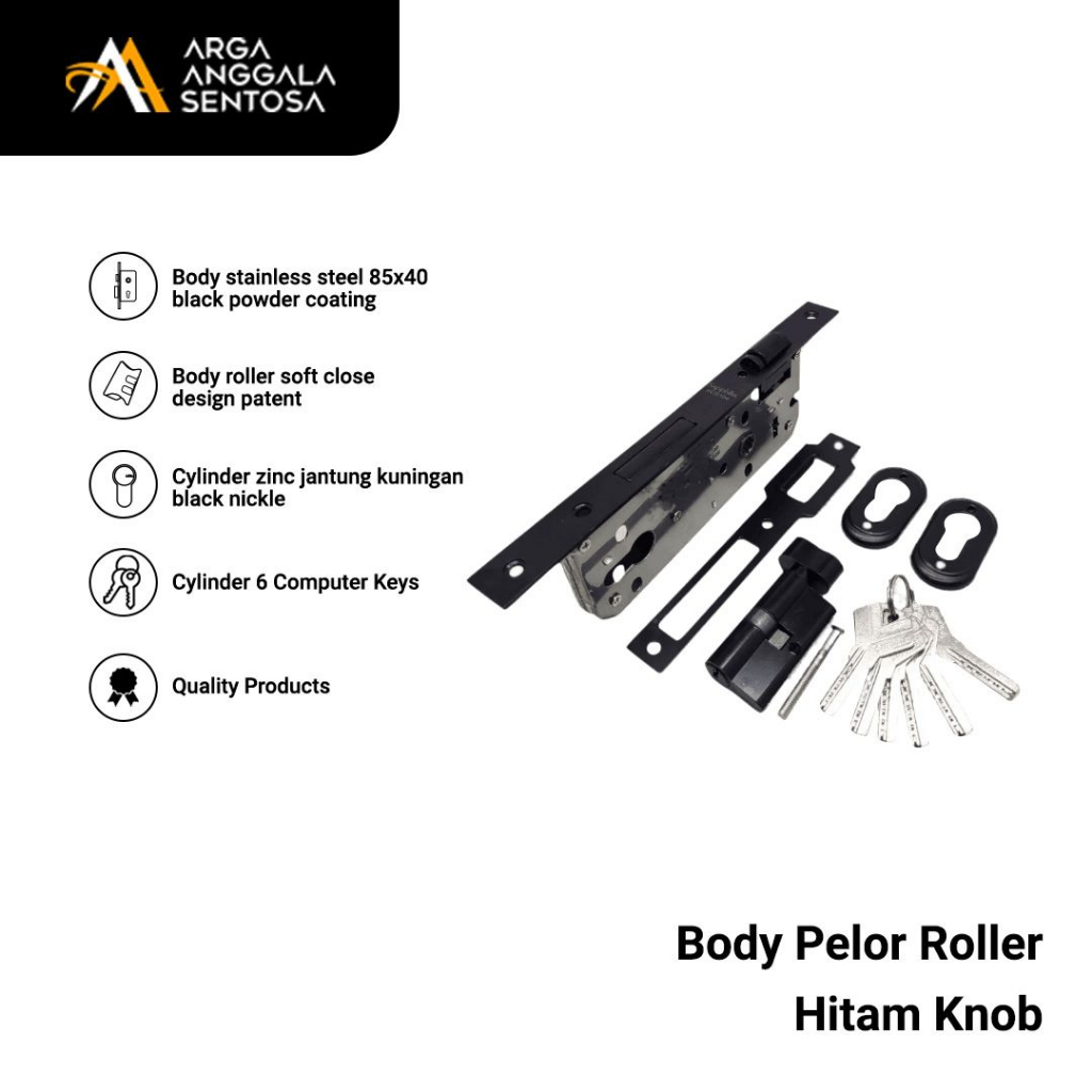 Body Pelor Roller Knob + Silinder 6 Kunci 60mm Hitam