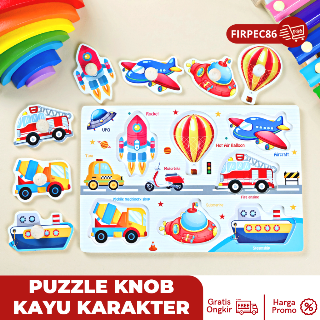 Mainan Edukasi Anak Puzzle Kayu Knob Background Bergambar Wooden Toys Mainan Balok Kayu Puzzle Knob Chunky