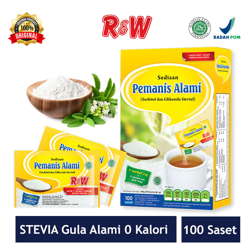 Pemanis Alami Gula Stevia Rendah Kalori Sweetener Rajawali R&amp;W RW 100 Sachet