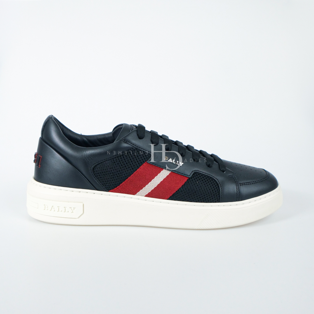 Bally SS23 Melys Mesh Leather Sneakers Black with Red/White Stripe