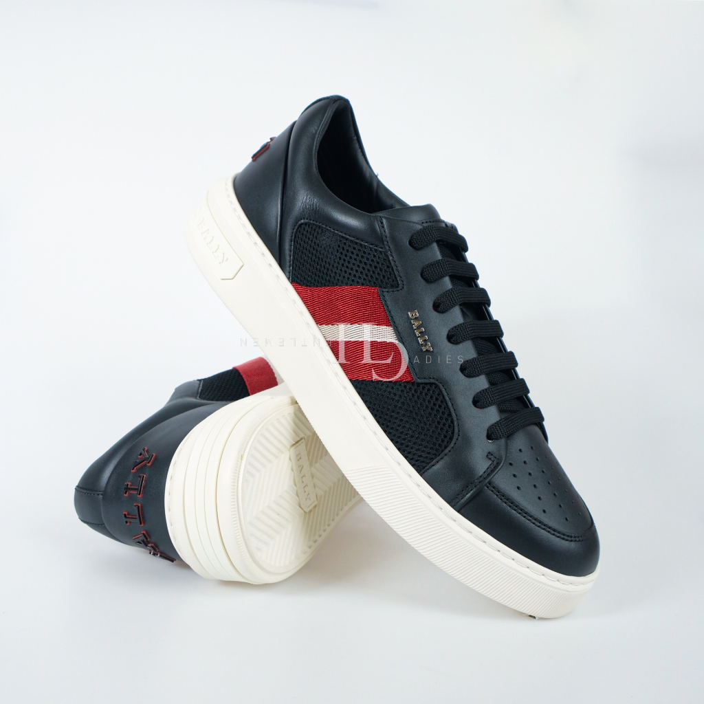 Bally SS23 Melys Mesh Leather Sneakers Black with Red/White Stripe