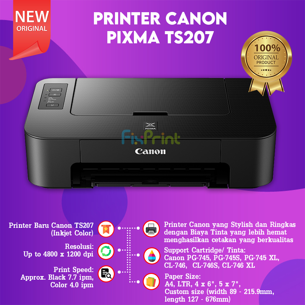 Mesin Cetak Printer Canon Inkjet  PIXMA TS207 TS 207 Single Function Garansi