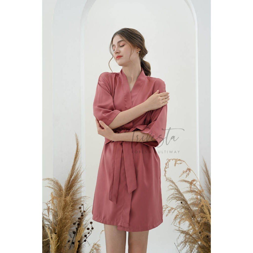 Trivesta Robes - Basic Robe Plum - Kimono Robe Bridesmaid Satin + Free Bordir (Tulisan Bebas Bisa Nama)