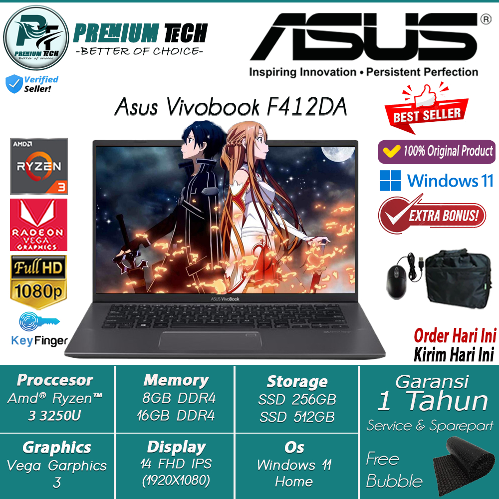 Laptop Gaming Asus Vivobook M415DAO Amd Ryzen 3 3250U 16GB 512GB SSD 14.0 FHD Windows 11 OHS Terlaris