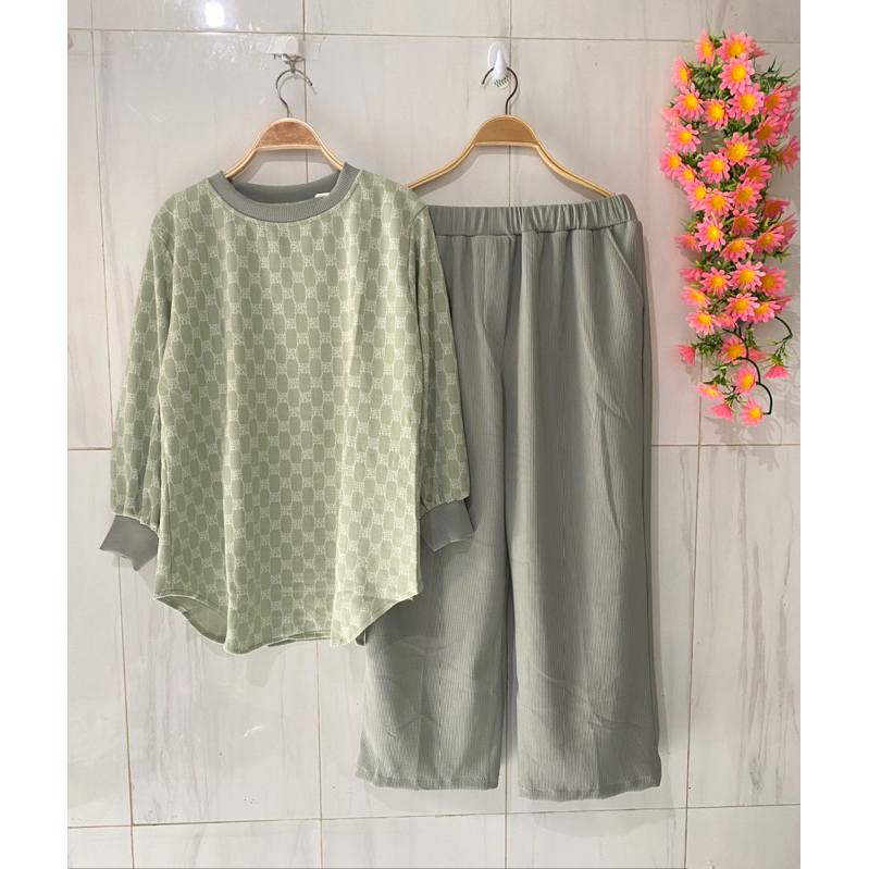 set yaameeca kaos knit Aster merk clarke motif setelan celana wanita setcel wanita