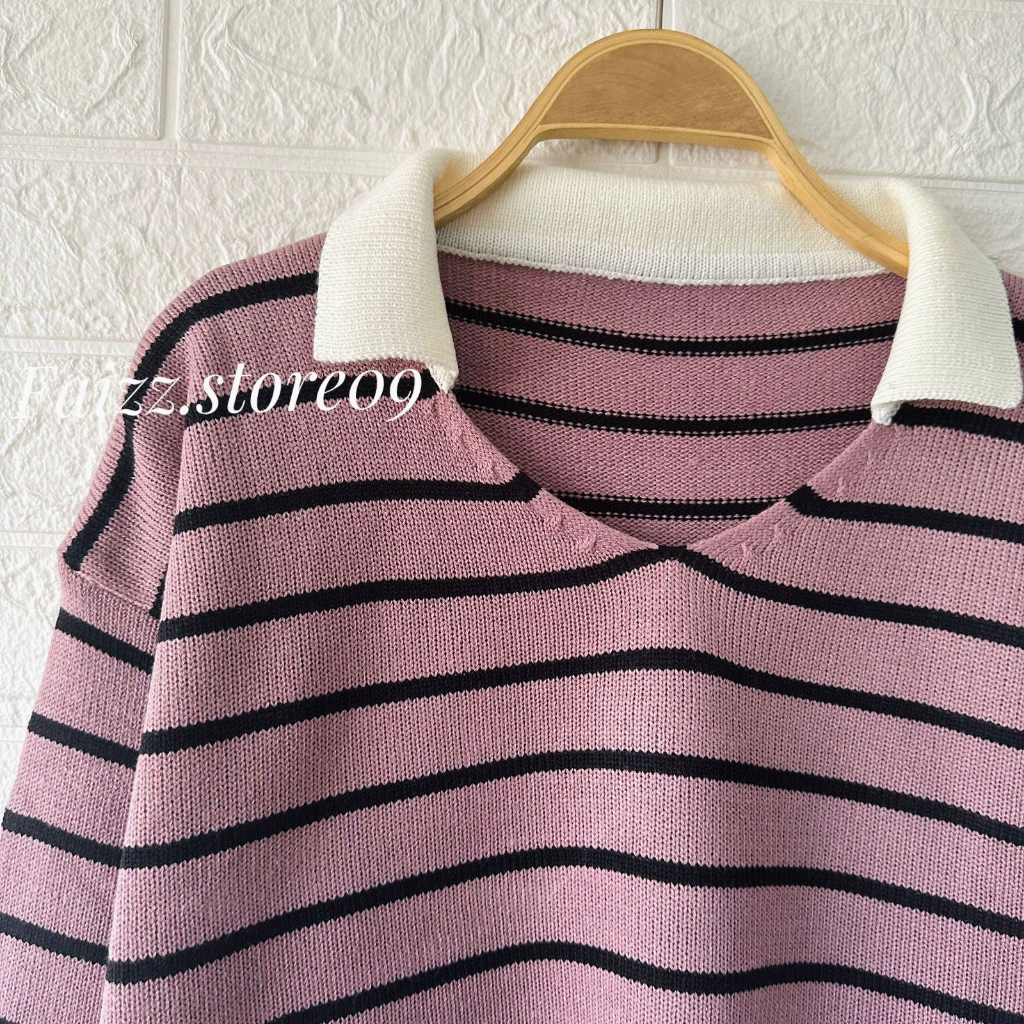 Anchika Polo Sweater Rajut Strippe Blaster Kerah Atasan Wanita Korea