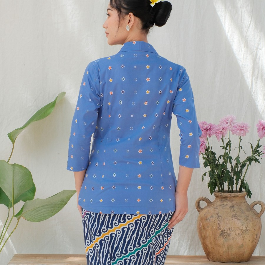 Kebaya Kutubaru Etnik Jasmine Lengan 7/8 Meradelima Katun Biru