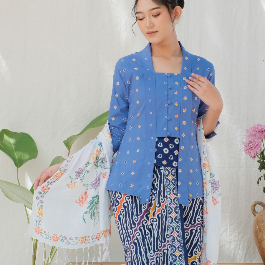 Kebaya Kutubaru Etnik Jasmine Lengan 7/8 Meradelima Katun Biru